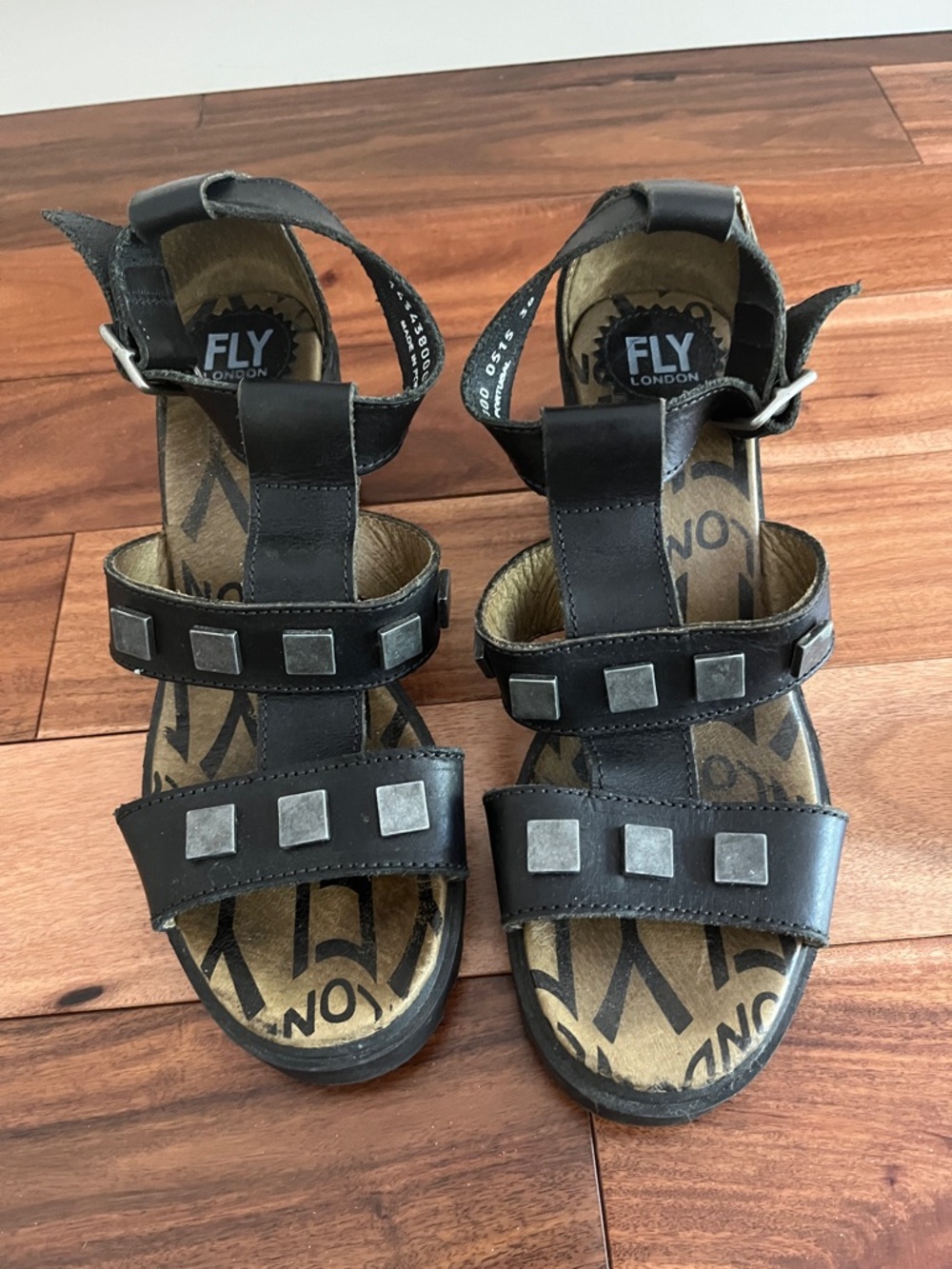FLY London Black Studded Leather Sandals